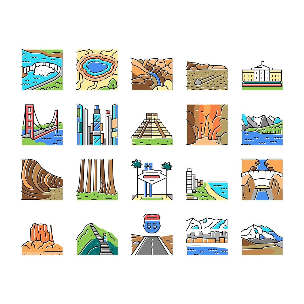 North America Famous Landscape Icons Set Vector