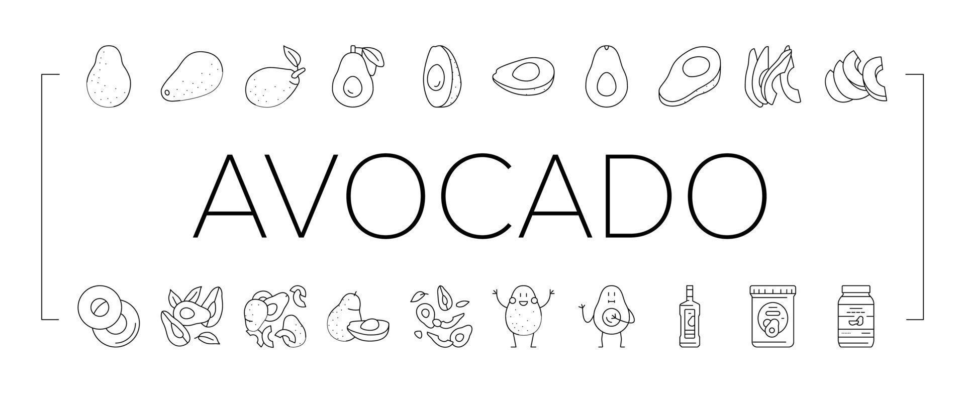 avocado food green half icons set vector