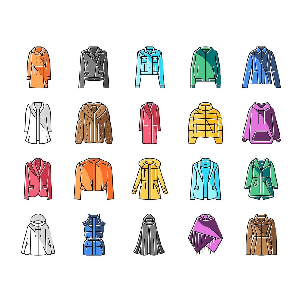 outerwear female clothes girl icons set vector