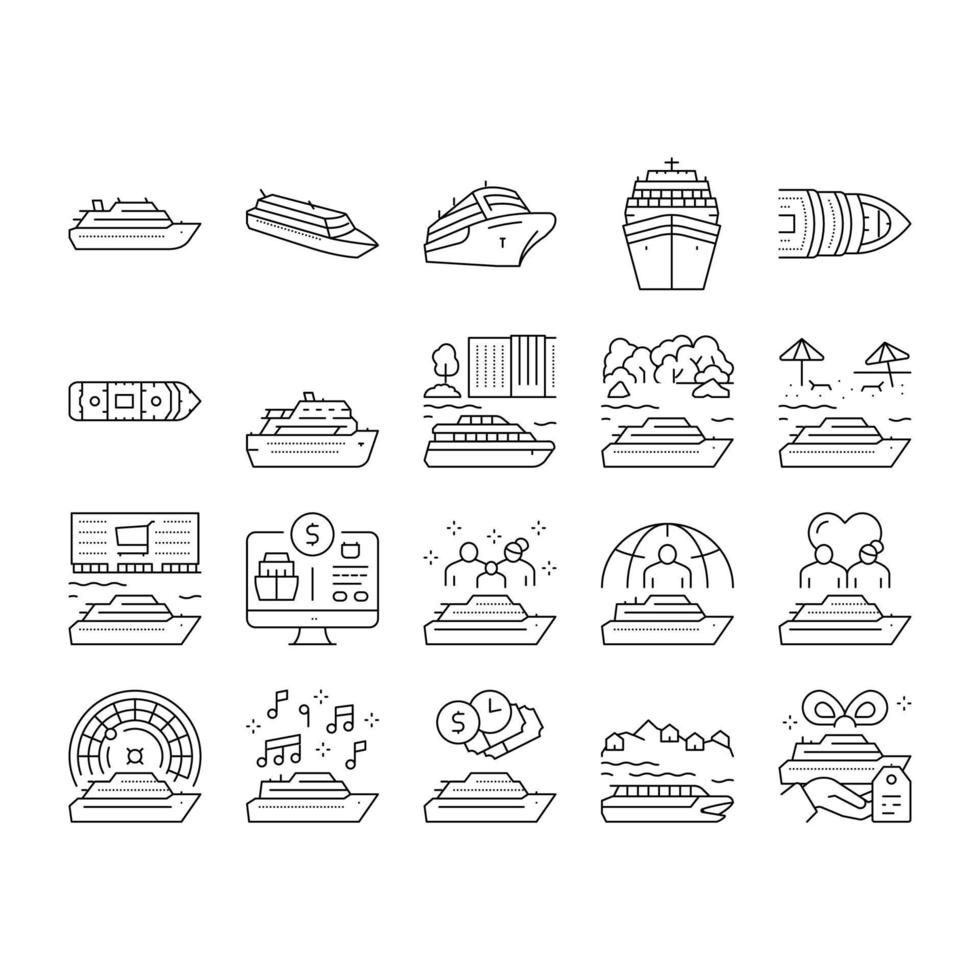 Cruise Ship Vacation Enjoyment Icons Set Vector