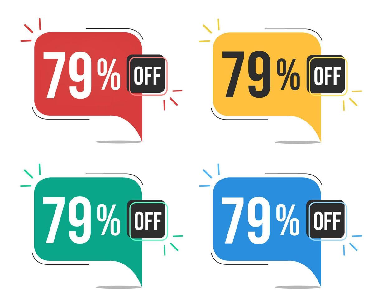 79 percent off. Red, yellow, green and blue tags with seventy-nine percent discount. Banner with four colorful balloons with special offers vector. vector