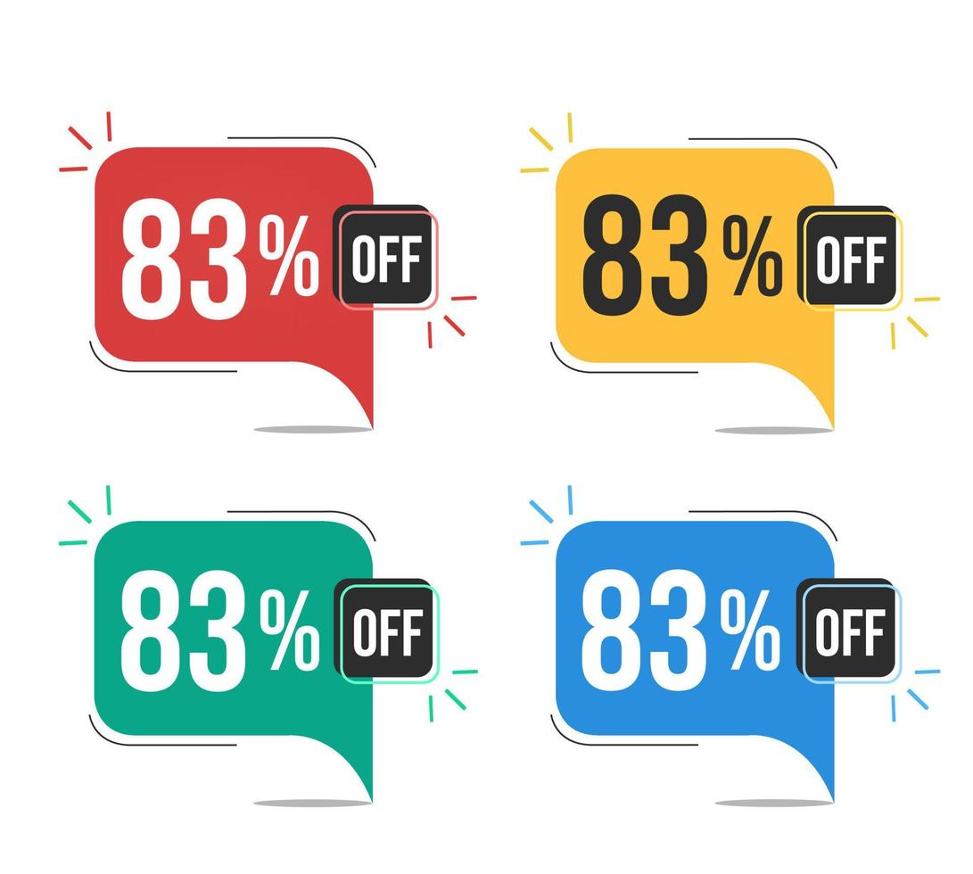 83 percent off. Red, yellow, green and blue tags with eighty-three percent discount. Banner with four colorful balloons with special offers vector. vector