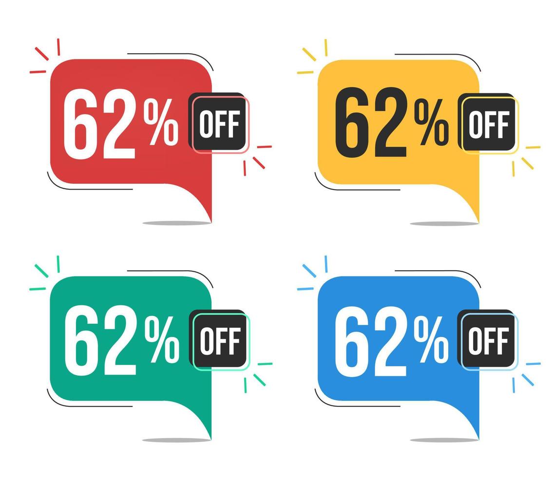 62 percent off. Red, yellow, green and blue tags with sixty-two percent discount. Banner with four colorful balloons with special offers vector. vector