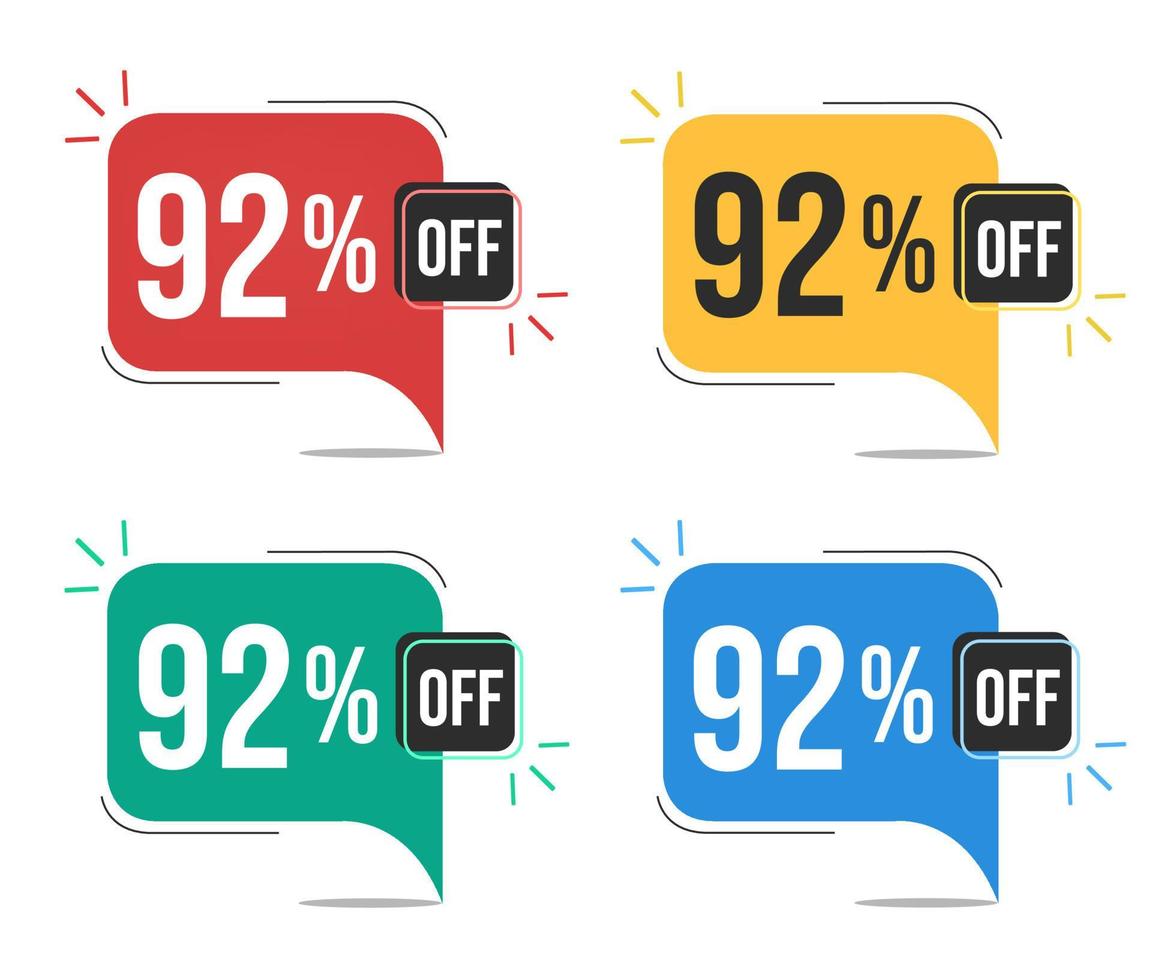 92 percent off. Red, yellow, green and blue tags with ninety-two percent discount. Banner with four colorful balloons with special offers vector. vector