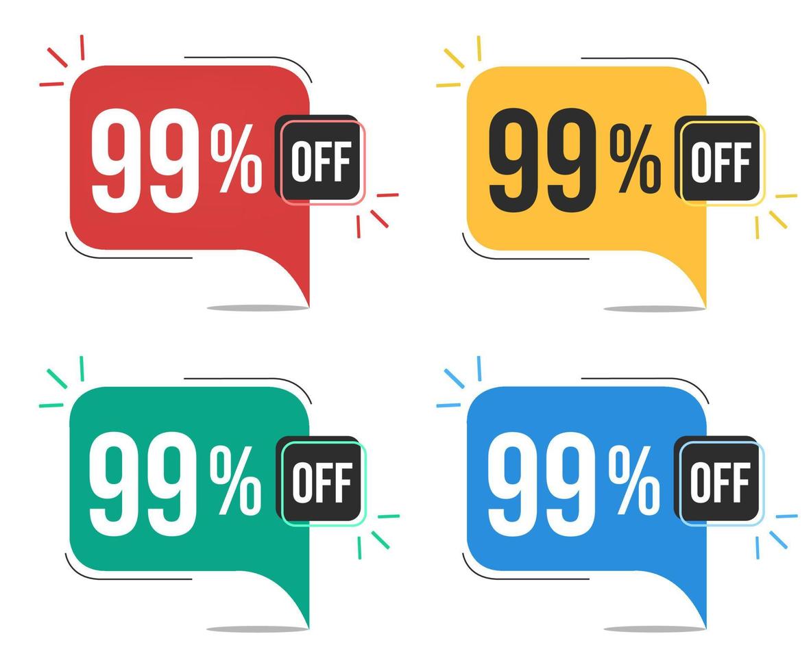99 percent off. Red, yellow, green and blue tags with ninety-nine percent discount. Banner with four colorful balloons with special offers vector. vector