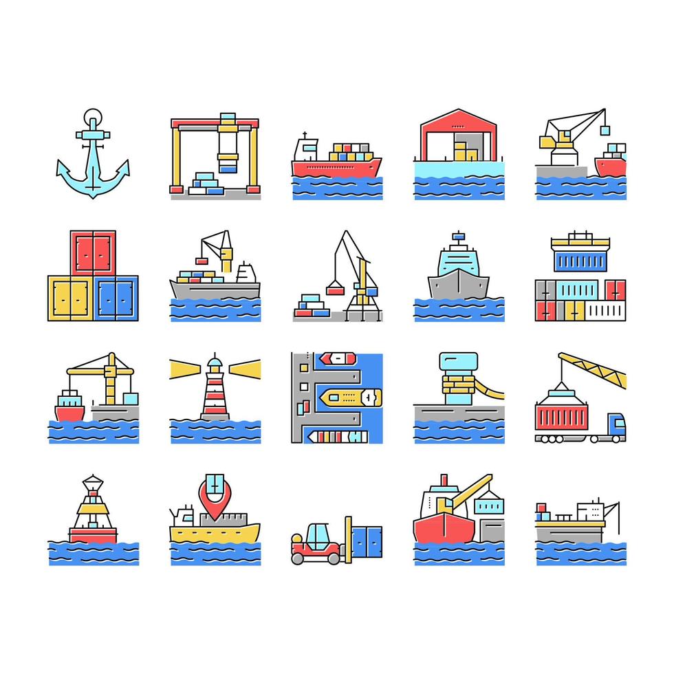 Container Port Tool Collection Icons Set Vector