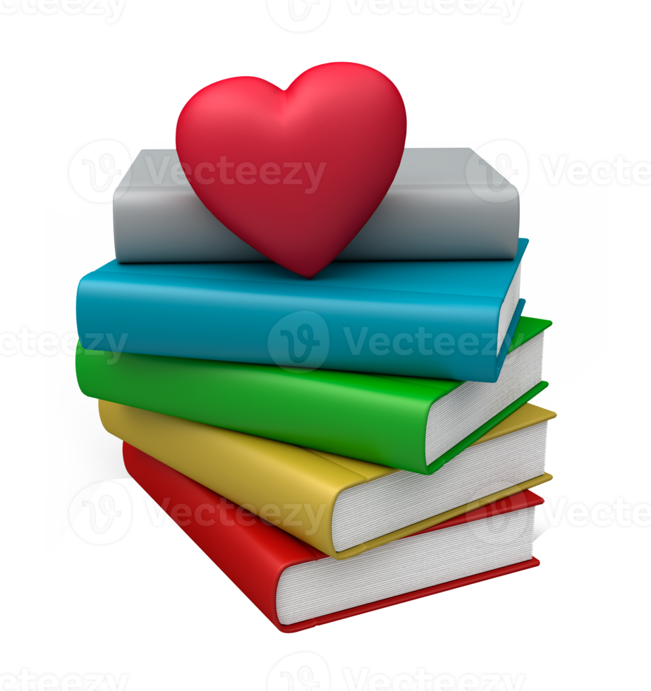 stack of  colored books and red heart png