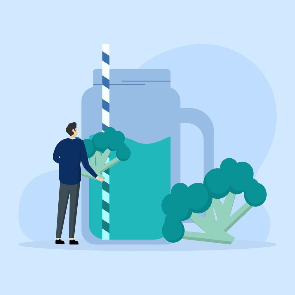 male character prepares detox smoothie from fresh vegetables for vegan diet. Man making healthy drink. Vegan lifestyle concept. Flat cartoon vector illustration.