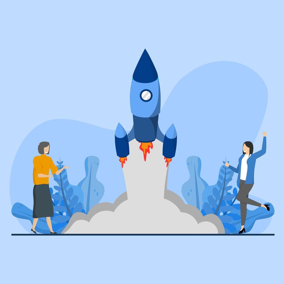 Concept Start a business for creativity and innovation, Creative concept, Learn to build skills, infographics. starting a company business, two business women are happy with rocket gliding. vector