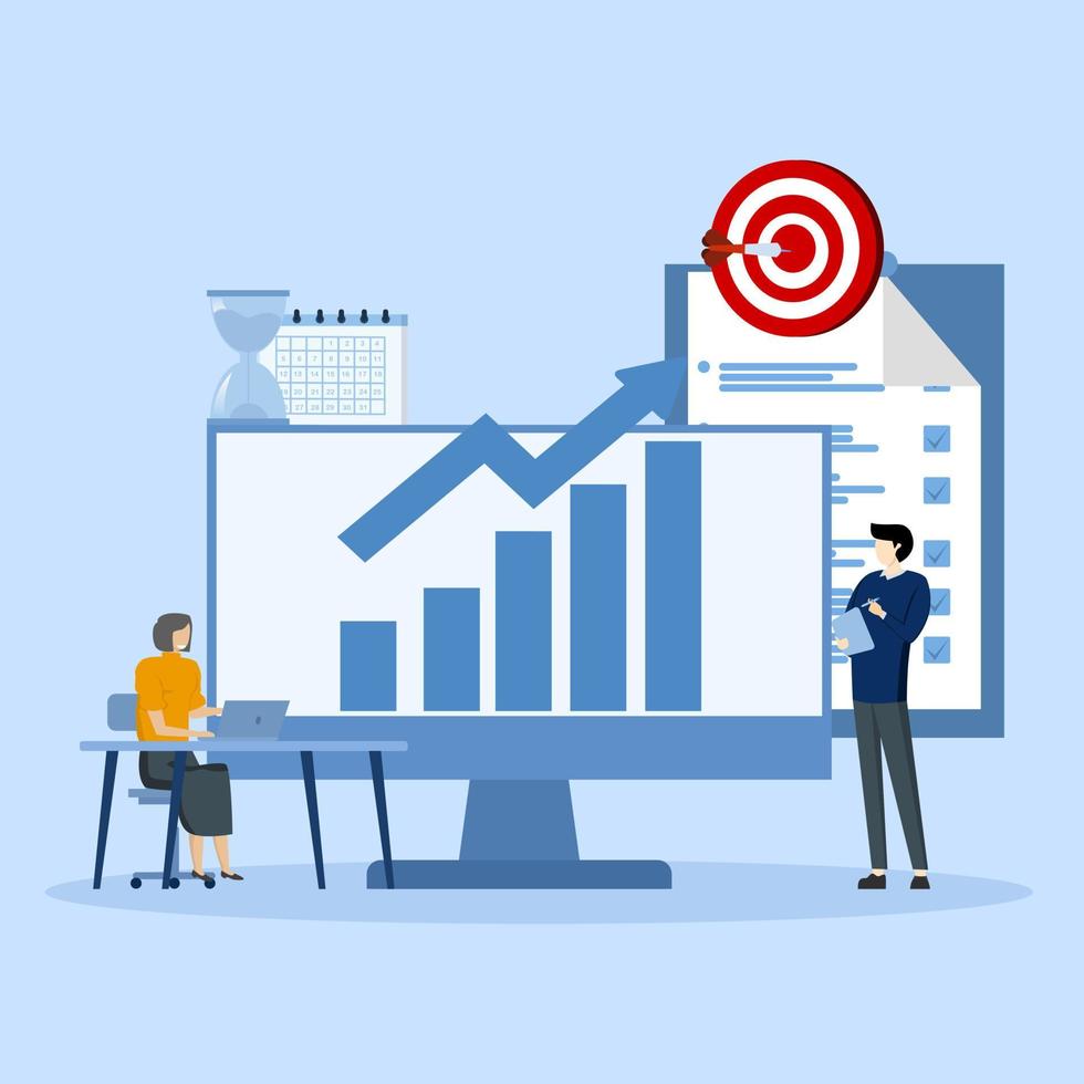 Teamwork concept, Marketing data analysis, Business growth and investment in finance, Reporting chart, Report paper, businessman checking business report, Website banner vector illustration landing