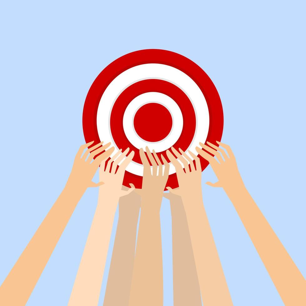 Concept of unity or joining, team and teamwork. Group of people uniting diversity holding red target on blue background. copy space for text. Flat design style. vector