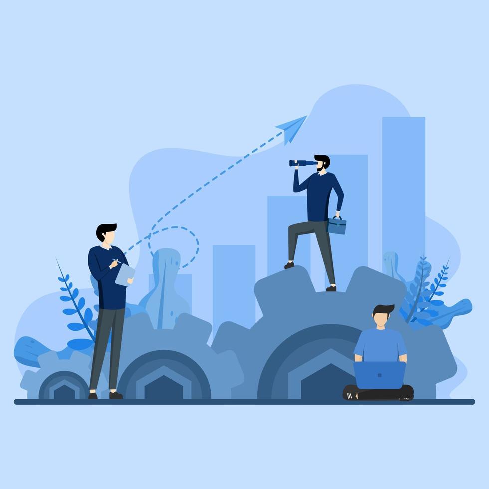 report analysis consultancy. Businessman analyzing industry growth report, Data visualization with graphs, Collaboration between engineer and investor, Industry investment perspective, vector flat.