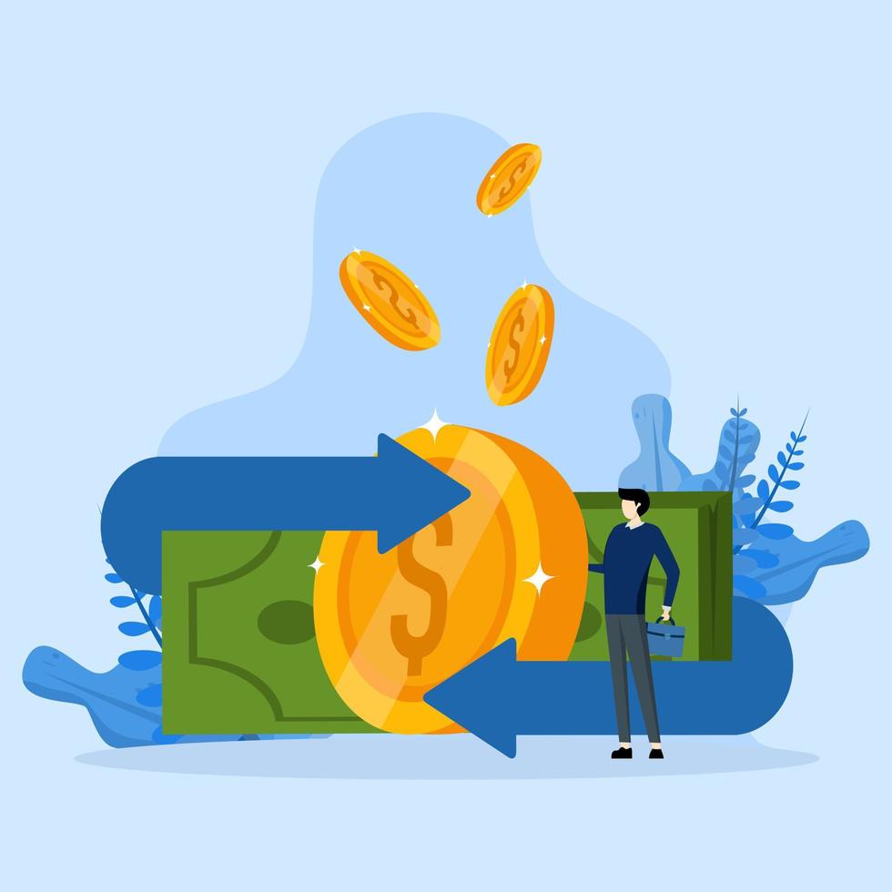 Financial services concept, money back concept, money back, return on investment, savings account, business man standing with money back, currency exchange, flat vector illustration.