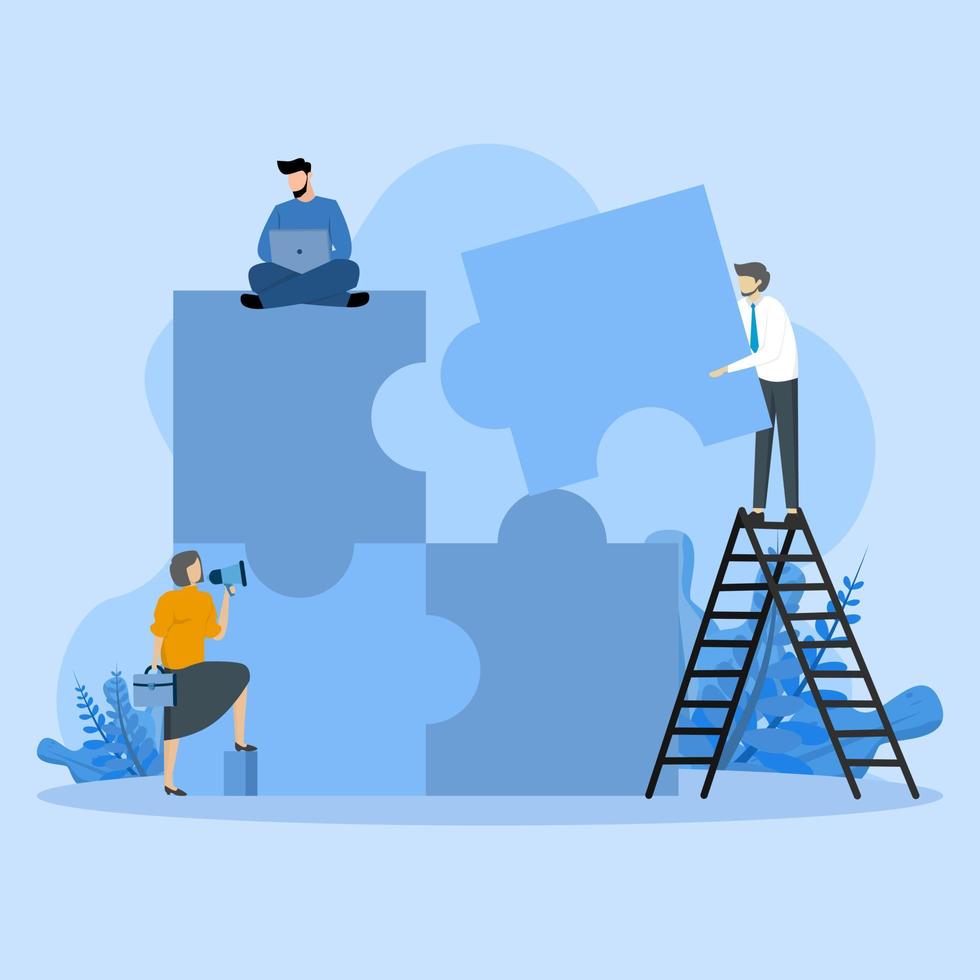 Business concept. Teamwork concept with building puzzle. people connecting puzzle elements. Vector illustration flat design style. Symbol of teamwork, cooperation, partnership.