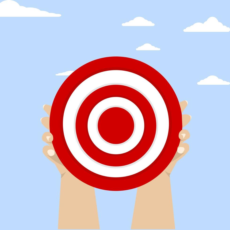 Goal Board, target in business, achieve business or career goals, Our Mission, Achieve Your Business Goals, Find Your Goals, businessman hand holding a target, flat vector illustration