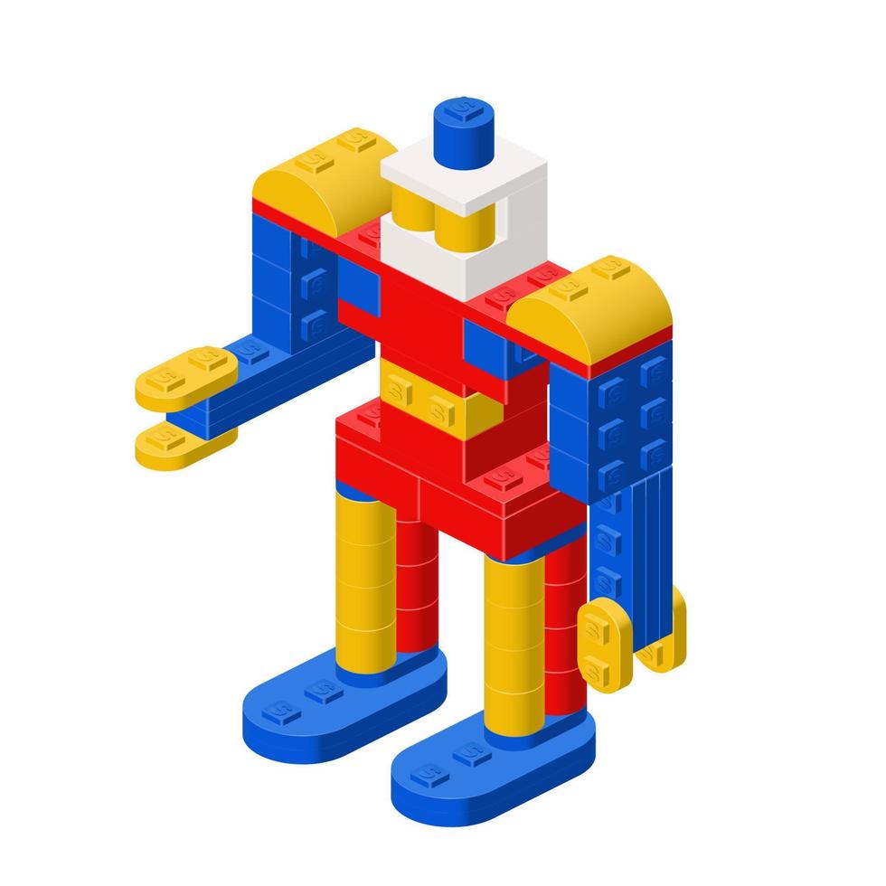 Robot, toy assembled from plastic blocks and isometric bricks. vector clipart