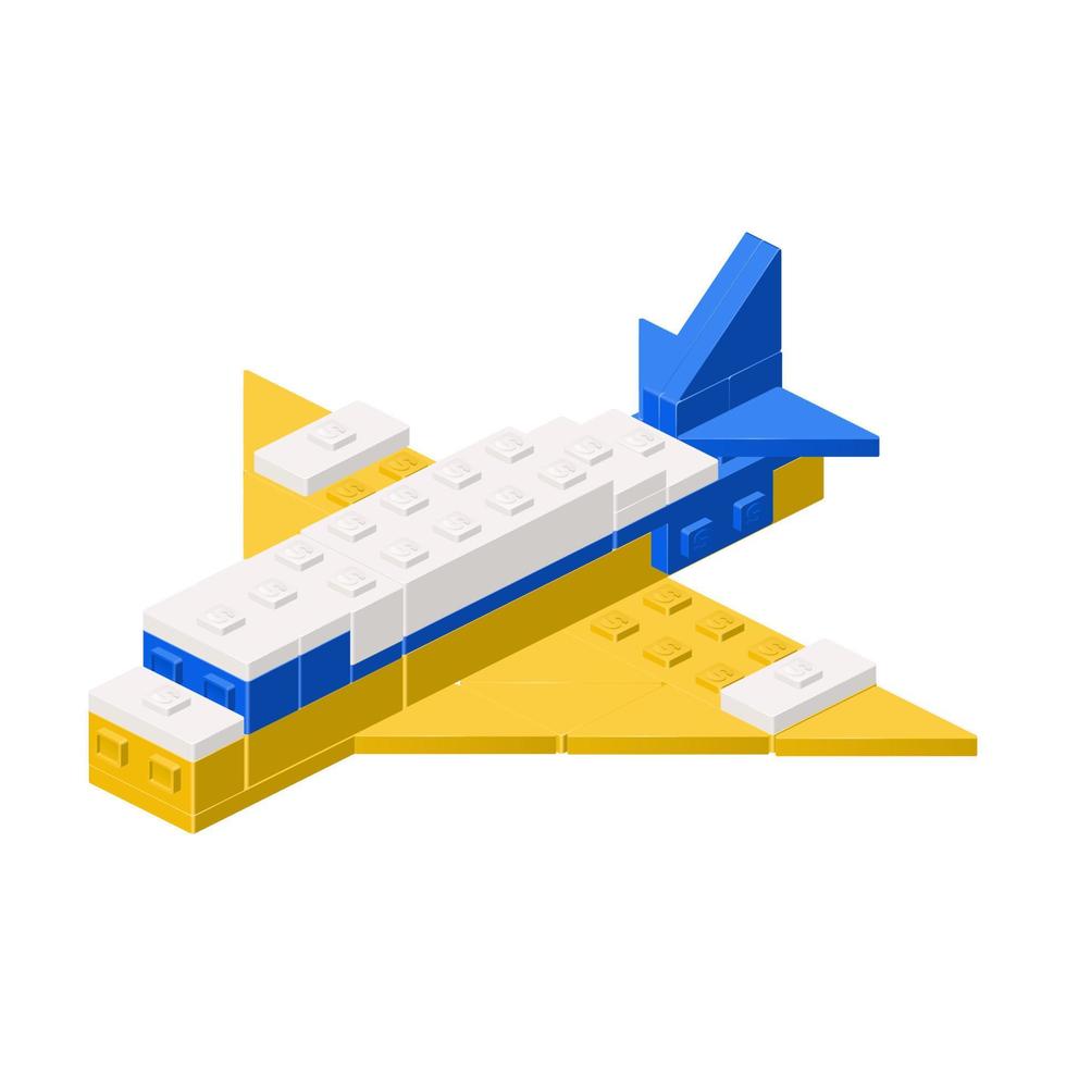 Plane assembled from plastic blocks in isometric style for printing and decoration. Vector illustration.