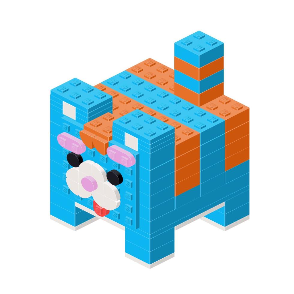 Striped square cat, a toy assembled from plastic blocks and isometric bricks. vector clipart