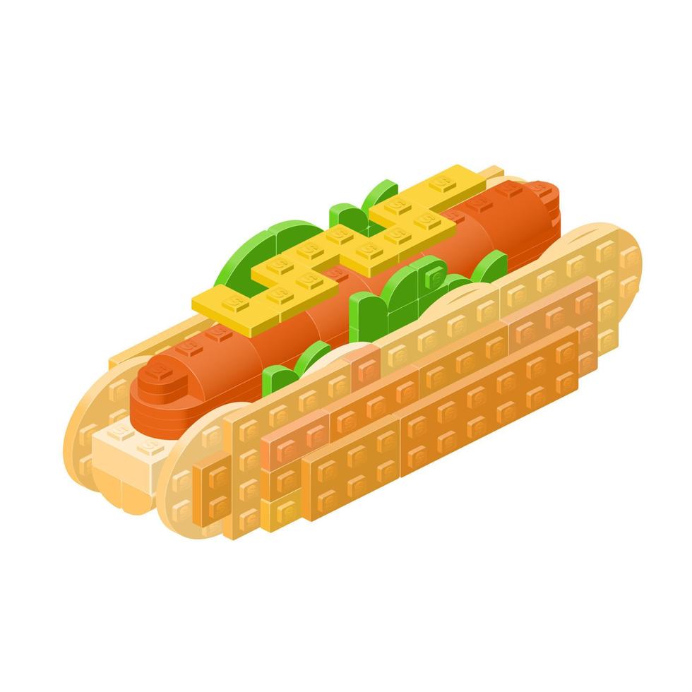Hot dog assembled from plastic blocks and bricks in isometry. vector clipart