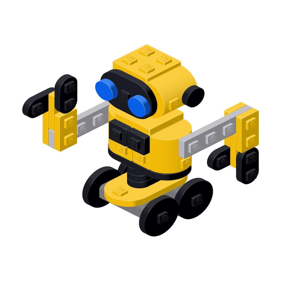 robot amarillo sobre ruedas, ensamblado a partir de ladrillos de plástico. vector