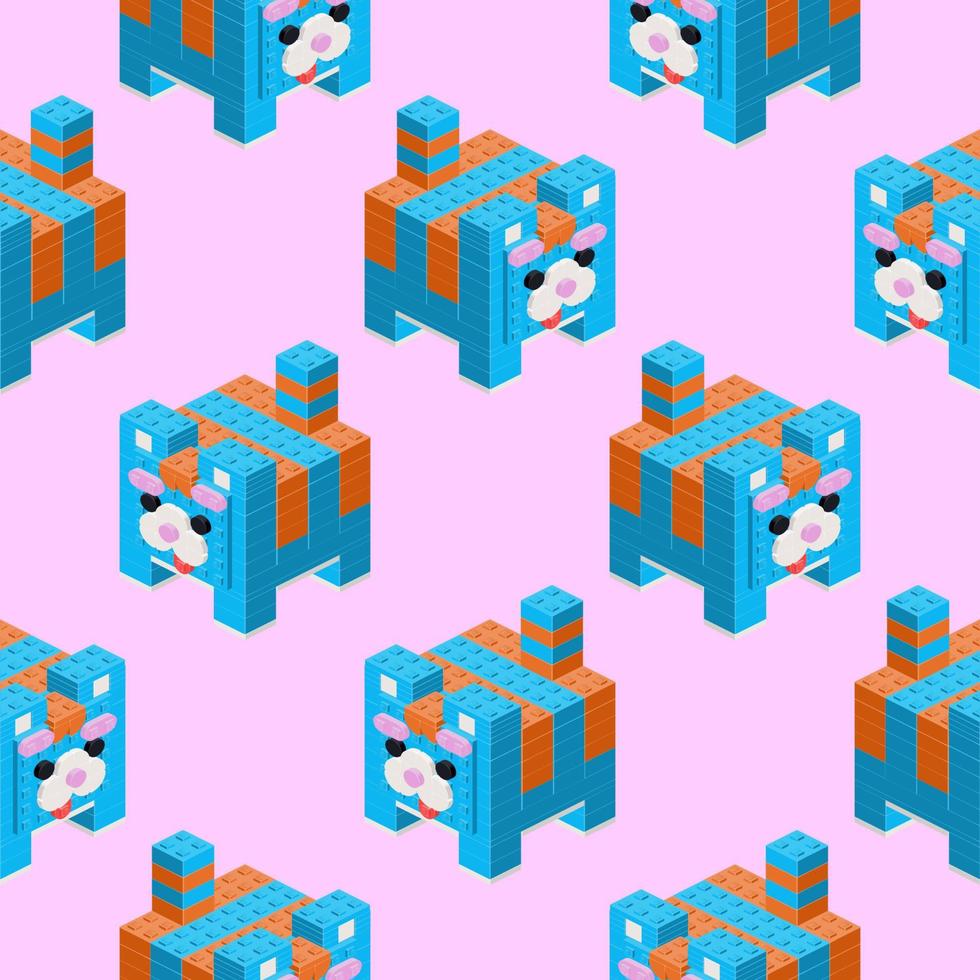 Pattern of cats assembled from plastic blocks on a pink background in isometric style for print and design.Vector illustration. vector