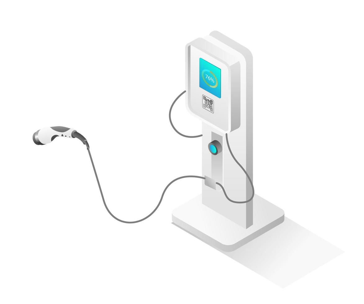 Flat isometric 3d illustration concept of electric car charging machine from solar panel energy vector