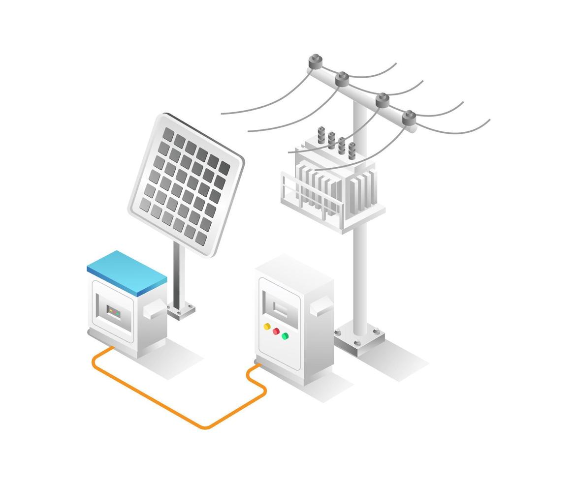 concepto de ilustración 3d isométrica plana del canal de almacenamiento de energía solar vector