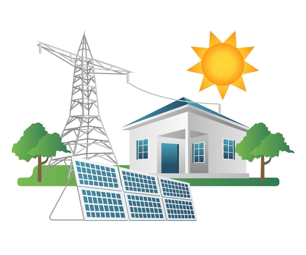 concepto de ilustración 3d isométrica plana de línea de poste de electricidad de la casa con energía de panel solar vector