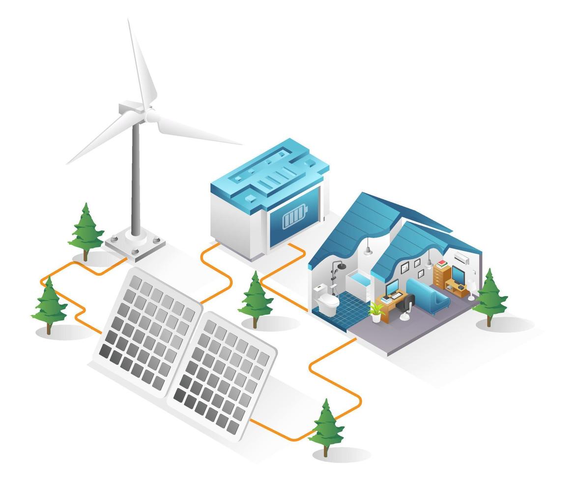 Flat isometric 3d illustration concept of house with solar panel energy vector