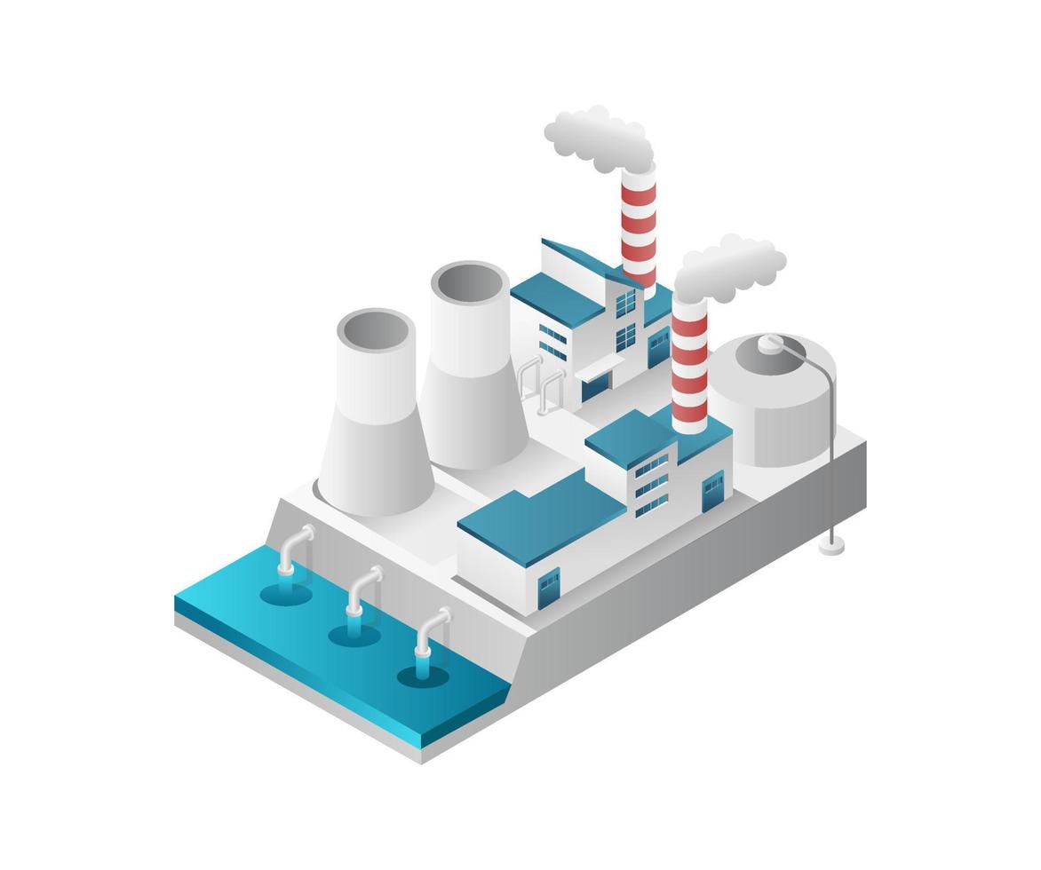 Isometric flat 3d concept illustration of minimalist industrial factory with waste disposal vector