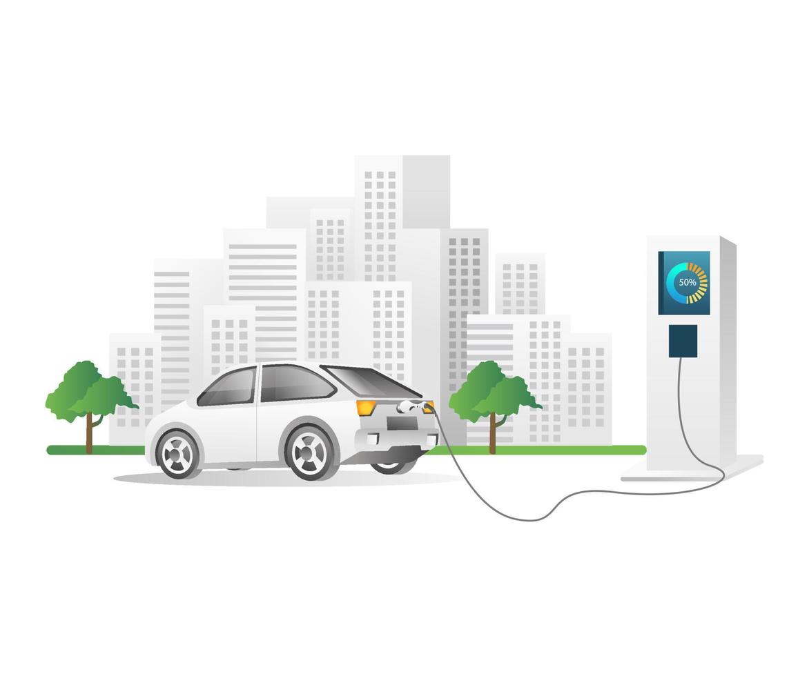Flat isometric 3d illustration concept of electric car charging at city station vector
