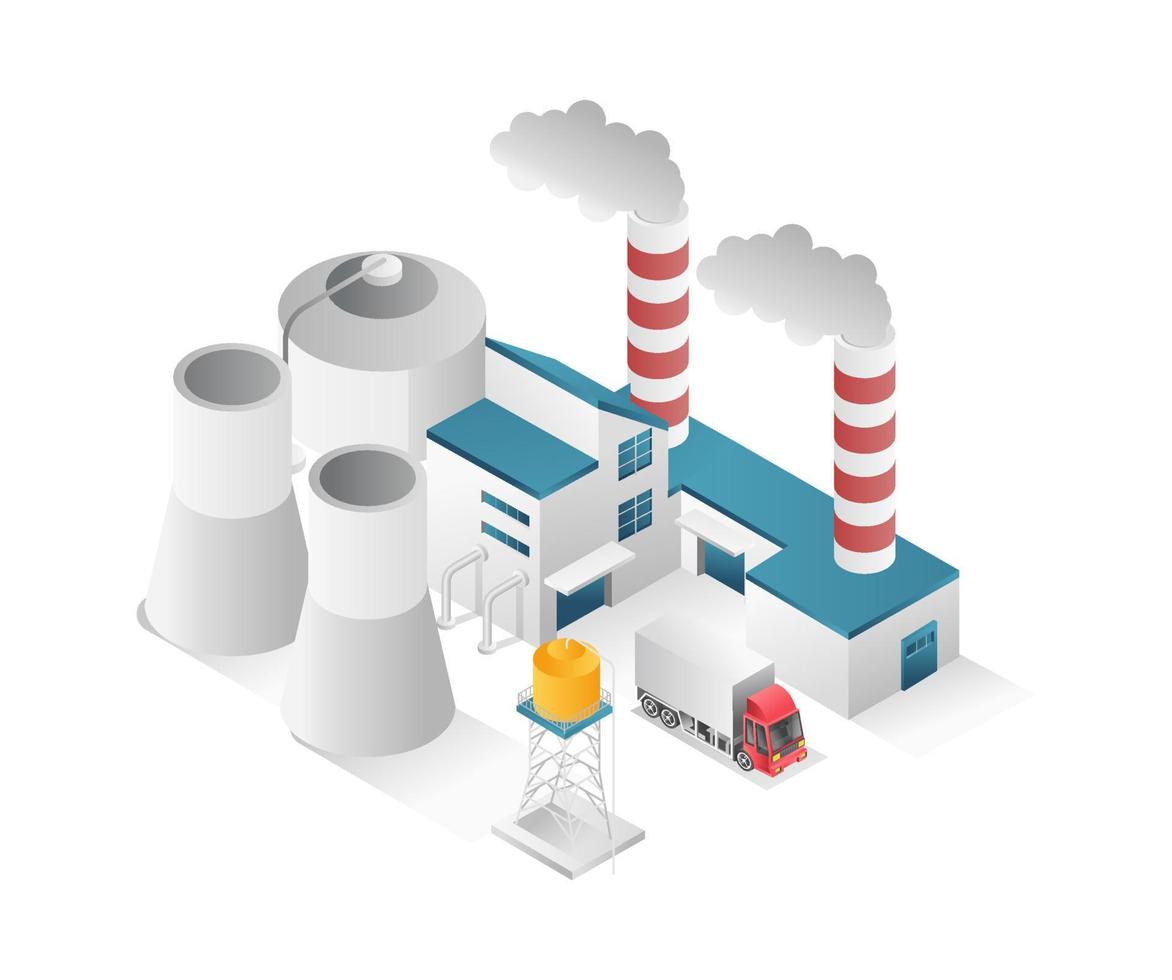 Concepto de ilustración plana isométrica 3d de fábrica industrial de petróleo y gas con chimenea vector