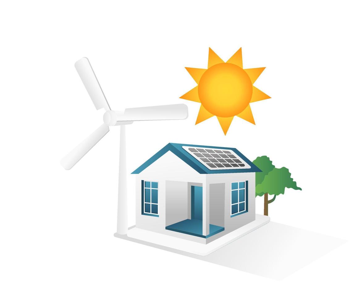 concepto de ilustración 3d isométrica plana de casa con energía de panel solar y molino de viento vector