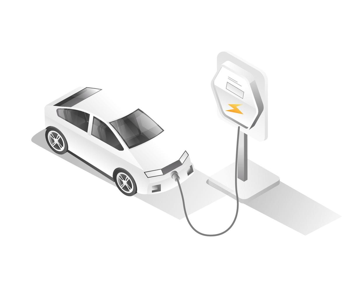 Flat isometric 3d illustration concept of portable electric car charging process vector