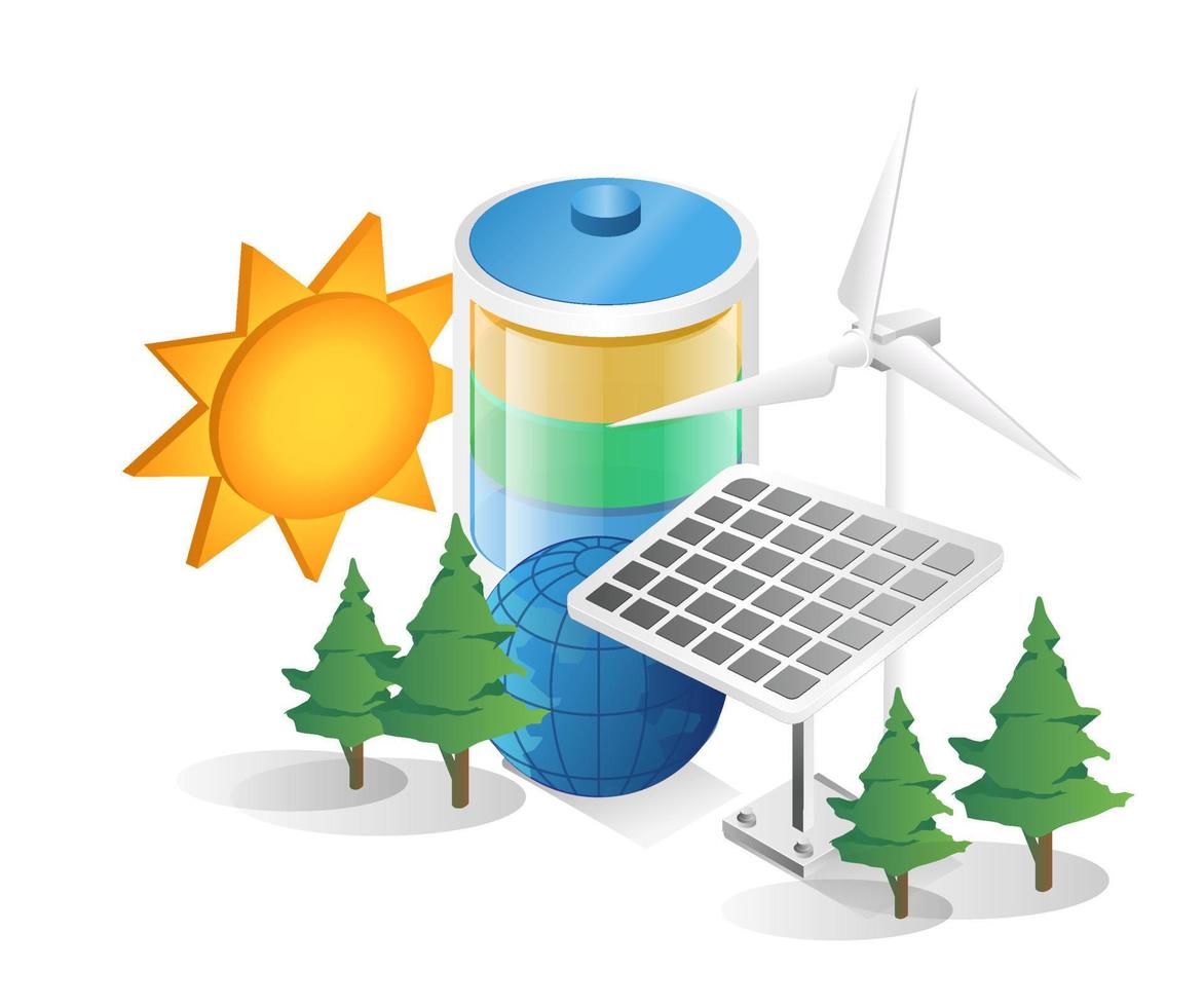 Flat isometric 3d illustration concept of battery energy solar panel vector