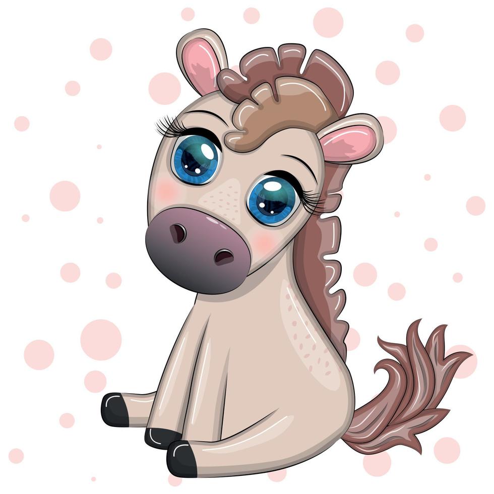 Cute cartoon horse, pony for card with flowers, balloons, heart vector