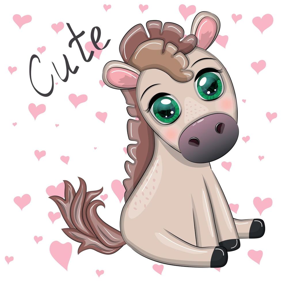 Cute cartoon horse, pony for card with flowers, balloons, heart vector