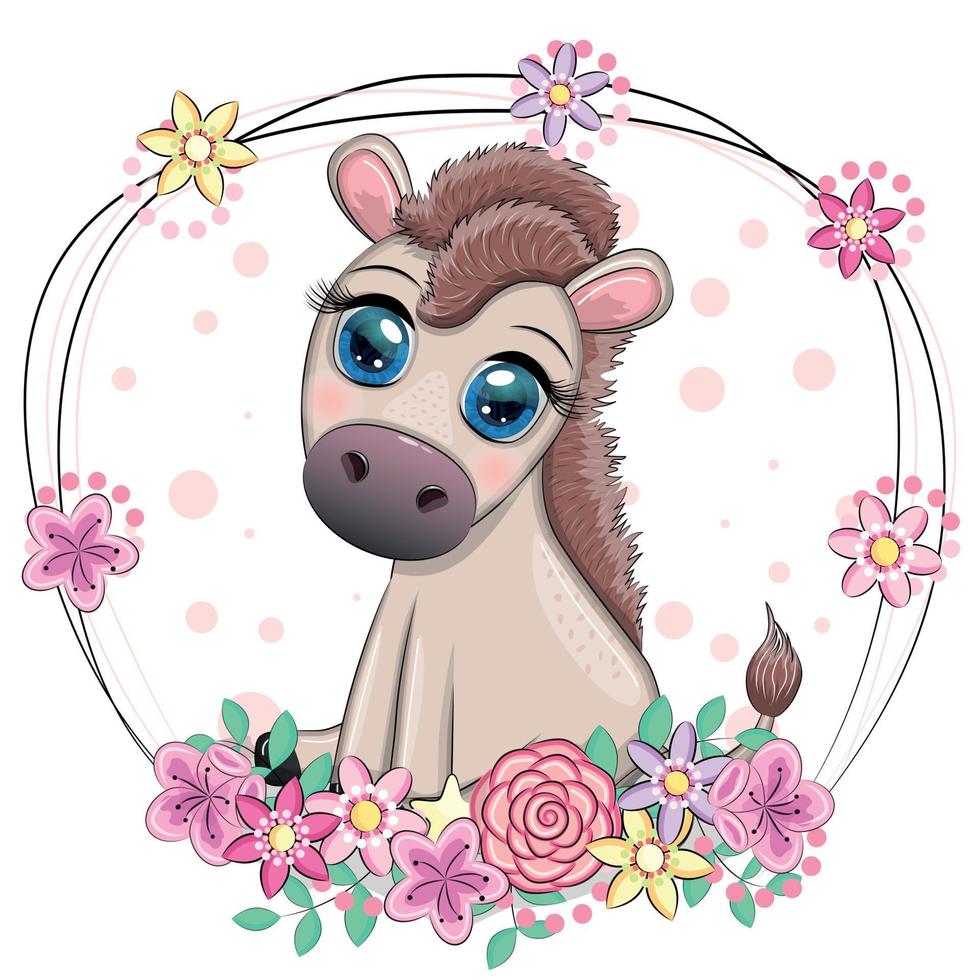 Cute donkey in flowers, with balloons, spring theme. Postcard for the holiday. vector