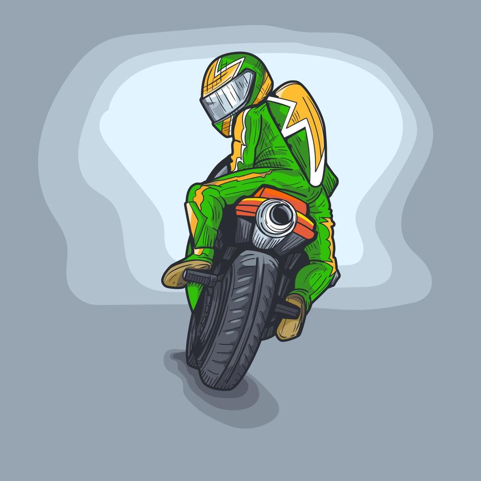 ilustración de un corredor en una motocicleta desde la vista trasera. vector