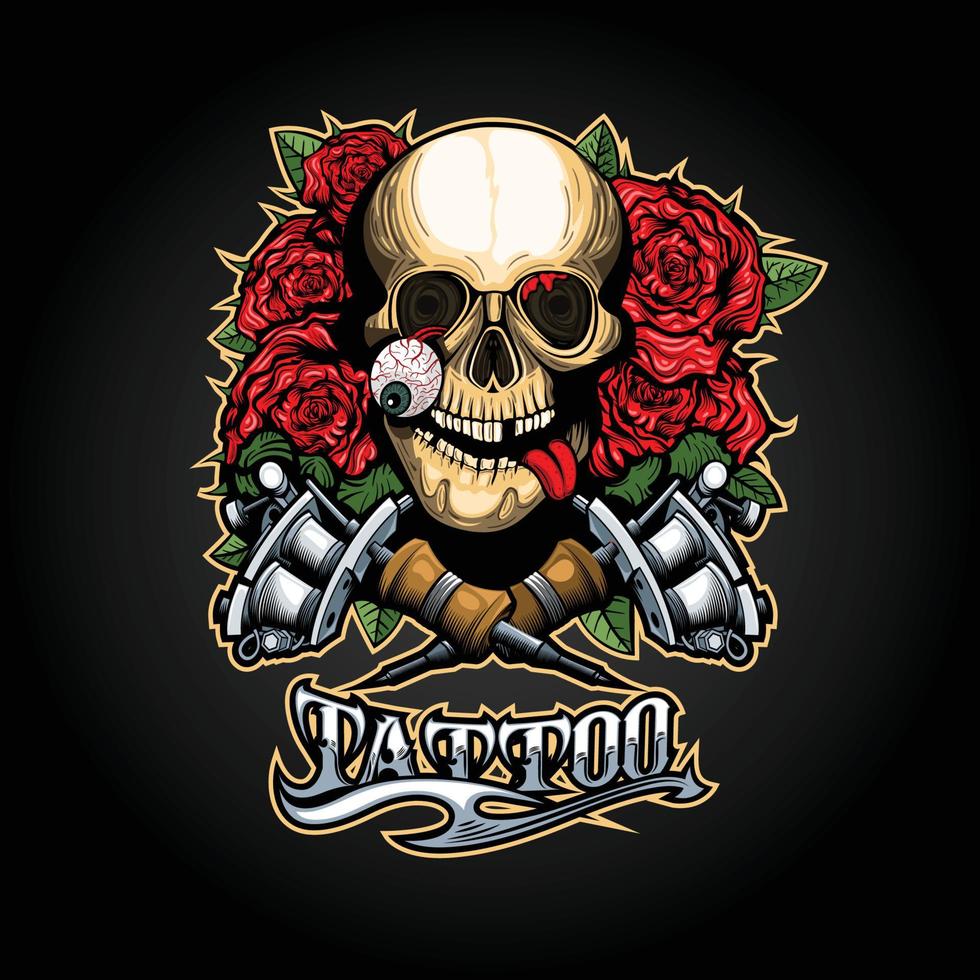 Illustration of a skull and tattoo machines on a background of roses and a beautiful inscription. T-Shirt and tattoo graphics. vector