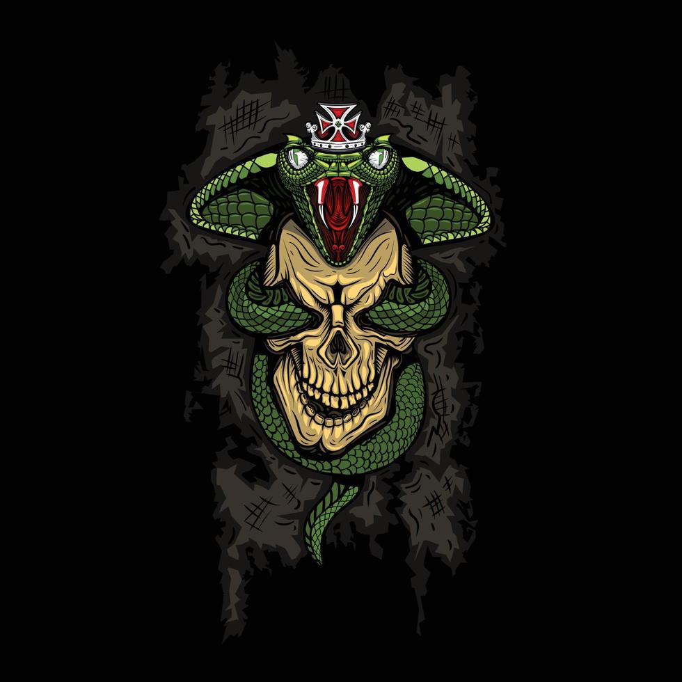 ilustración de una calavera con una serpiente dentro y con una corona en la cabeza. gráficos de camisetas y tatuajes. vector