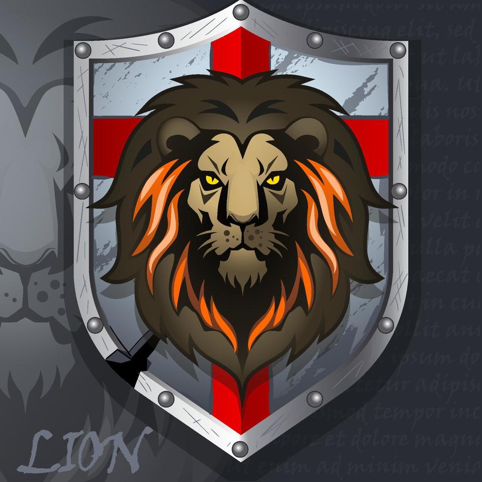 Logo of Lion Head on knightly Shield. vector