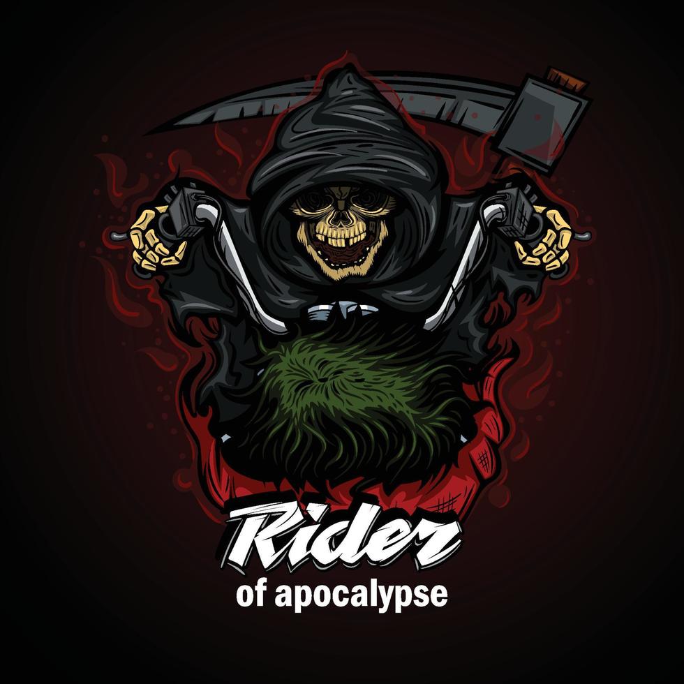 Death on a motorcycle with a scythe behind him and with phrase Rider of Apocalypse. vector