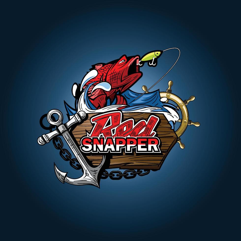 Red Snapper illustration of a fishing scene with an anchor and a helm on a dark background. vector