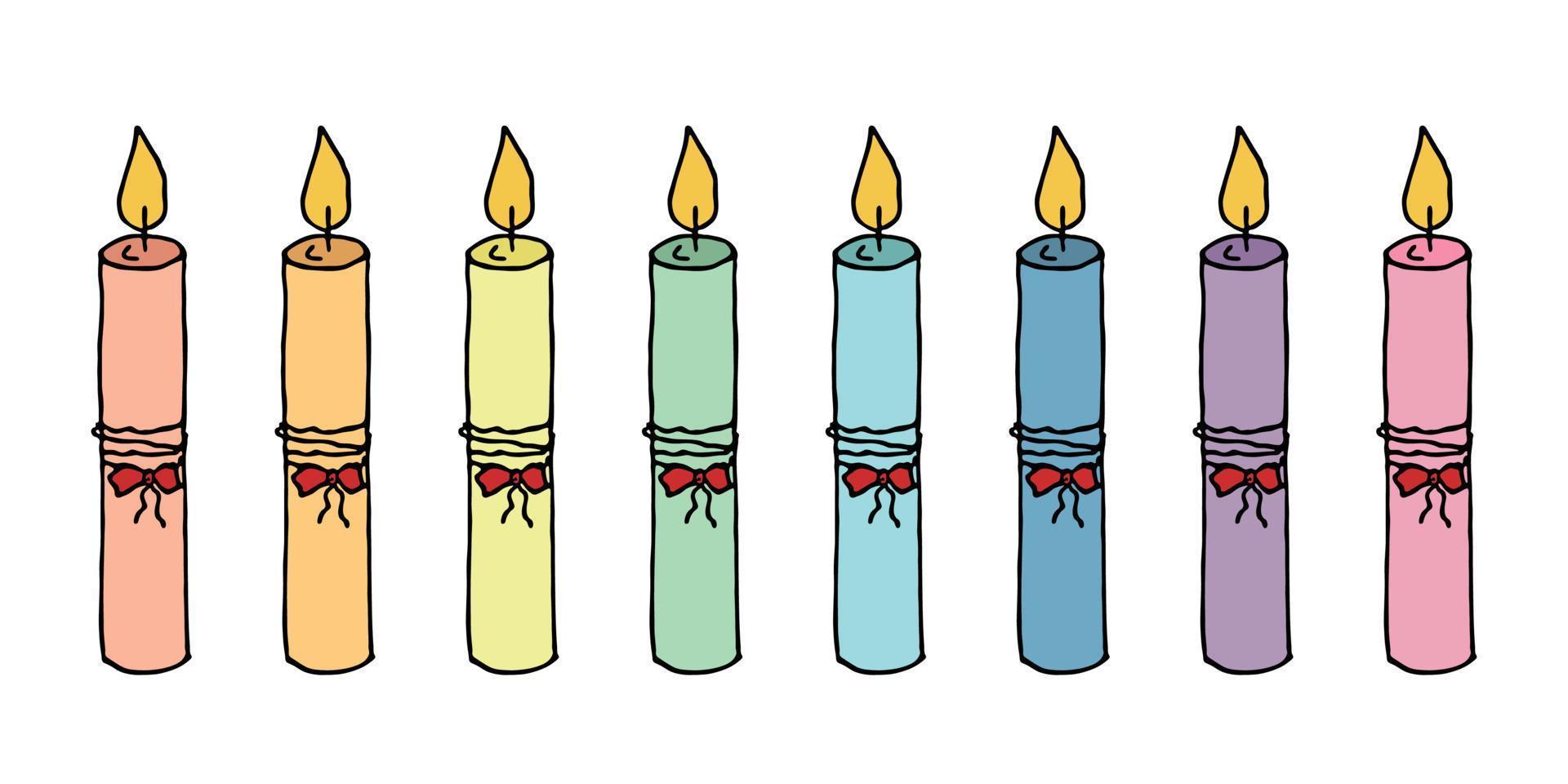 Burning birthday candle set. Doodle illustration. Hand drawn clipart for card, logo, design vector