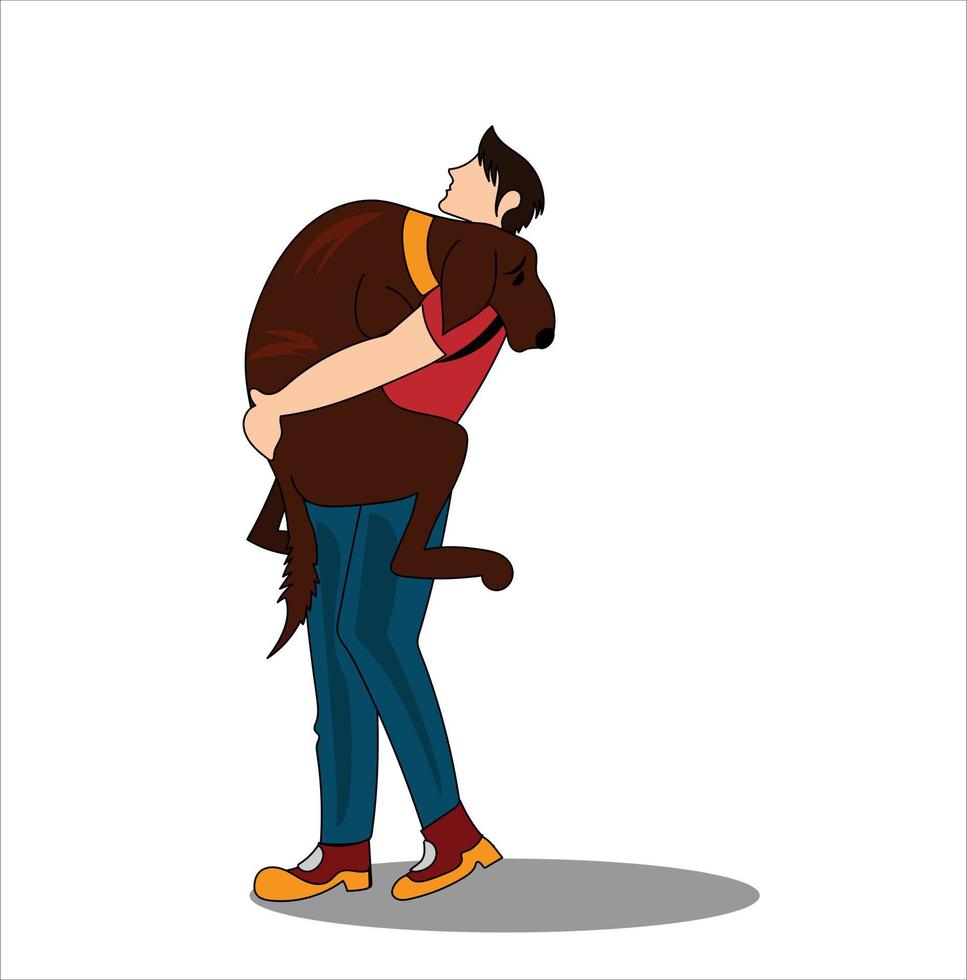 Cartoon young man hugging dog vector
