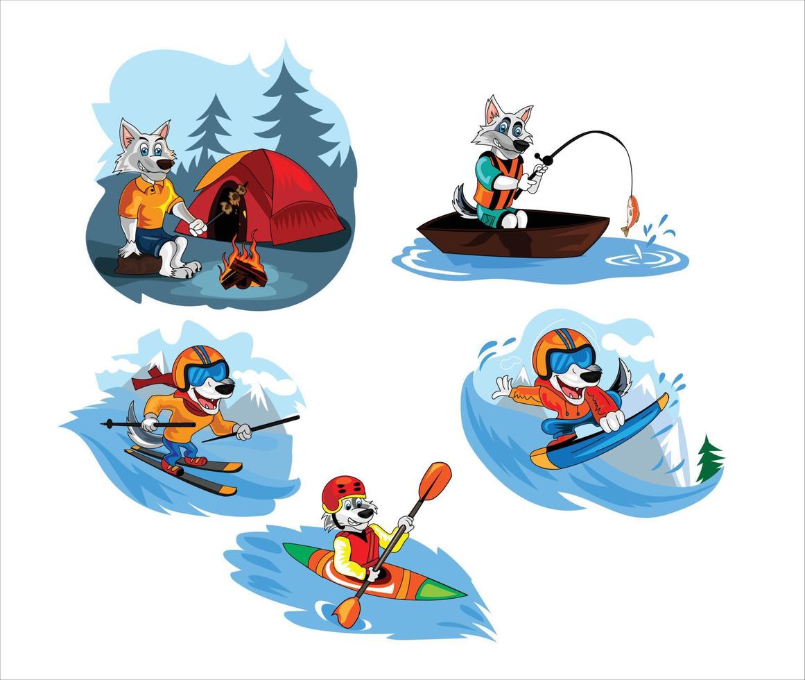 wolf set vector illustration with background.surfing