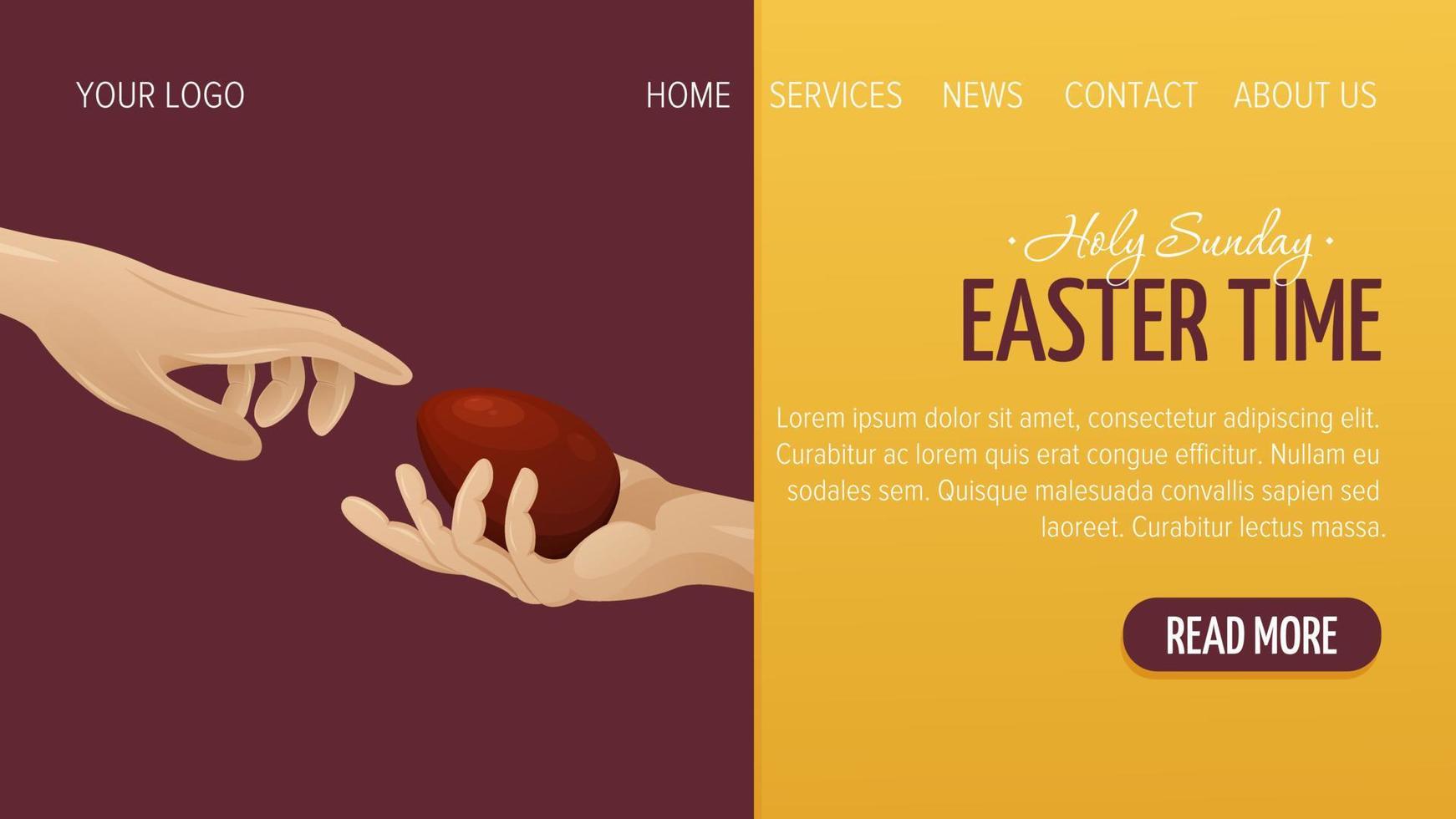 Web page design for Happy Easter. One hand reaches for the other, in which lies a red egg. Vector illustration, template for poster, banner, website.