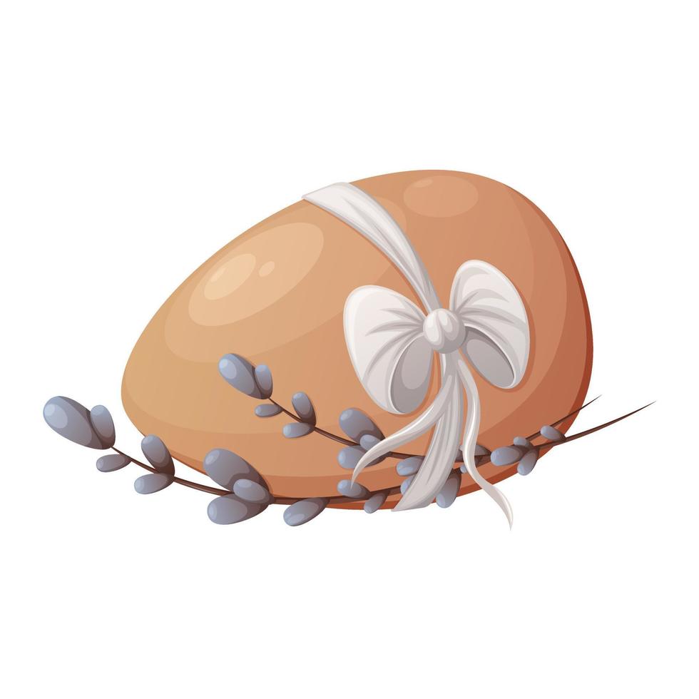 huevo de gallina con cinta y lazo, ramas de sauce. tema de pascua ilustración vectorial, estilo de dibujos animados, fondo aislado vector