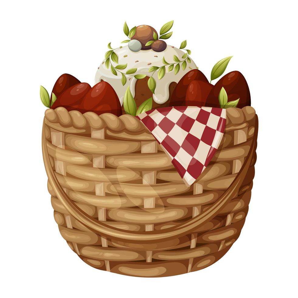 Easter cake and red eggs in a wicker basket with a towel, vector illustration for the holiday. Isolated background, cartoon style